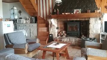 Televisie, een open haard en boeken