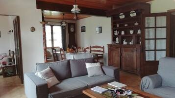 Televisie, een open haard en boeken