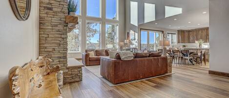 TV connectée, cheminée, table de tennis de table, livres