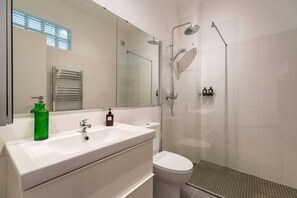 Shower, hair dryer, towels, shampoo