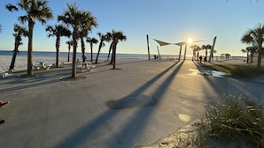 A beachside walkway with palm trees, picnic tables, and a clear view of the ocean.