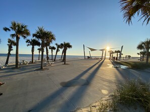 On the beach, sun loungers, beach towels