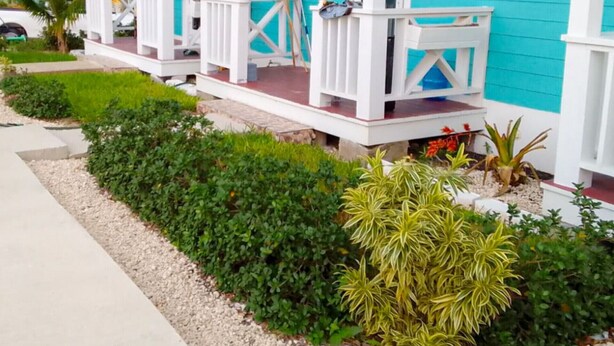 Une maison turquoise avec un porche, entourée d’un jardin bien entretenu et sous un ciel dégagé.