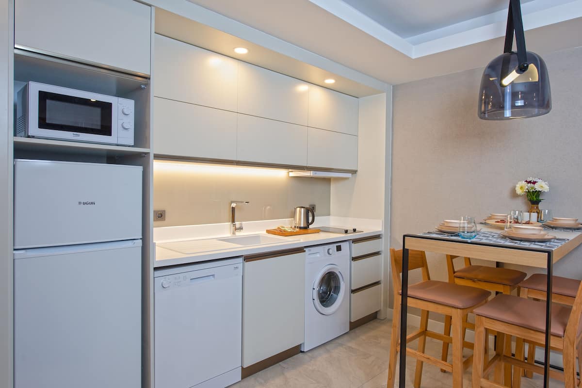 Suite Deluks | Dapur pribadi | Lemari es, microwave, kompor, dan mesin pencuci piring