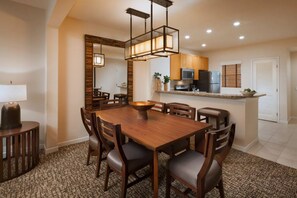 Modern kitchen with central island, dining area, and standard appliances.