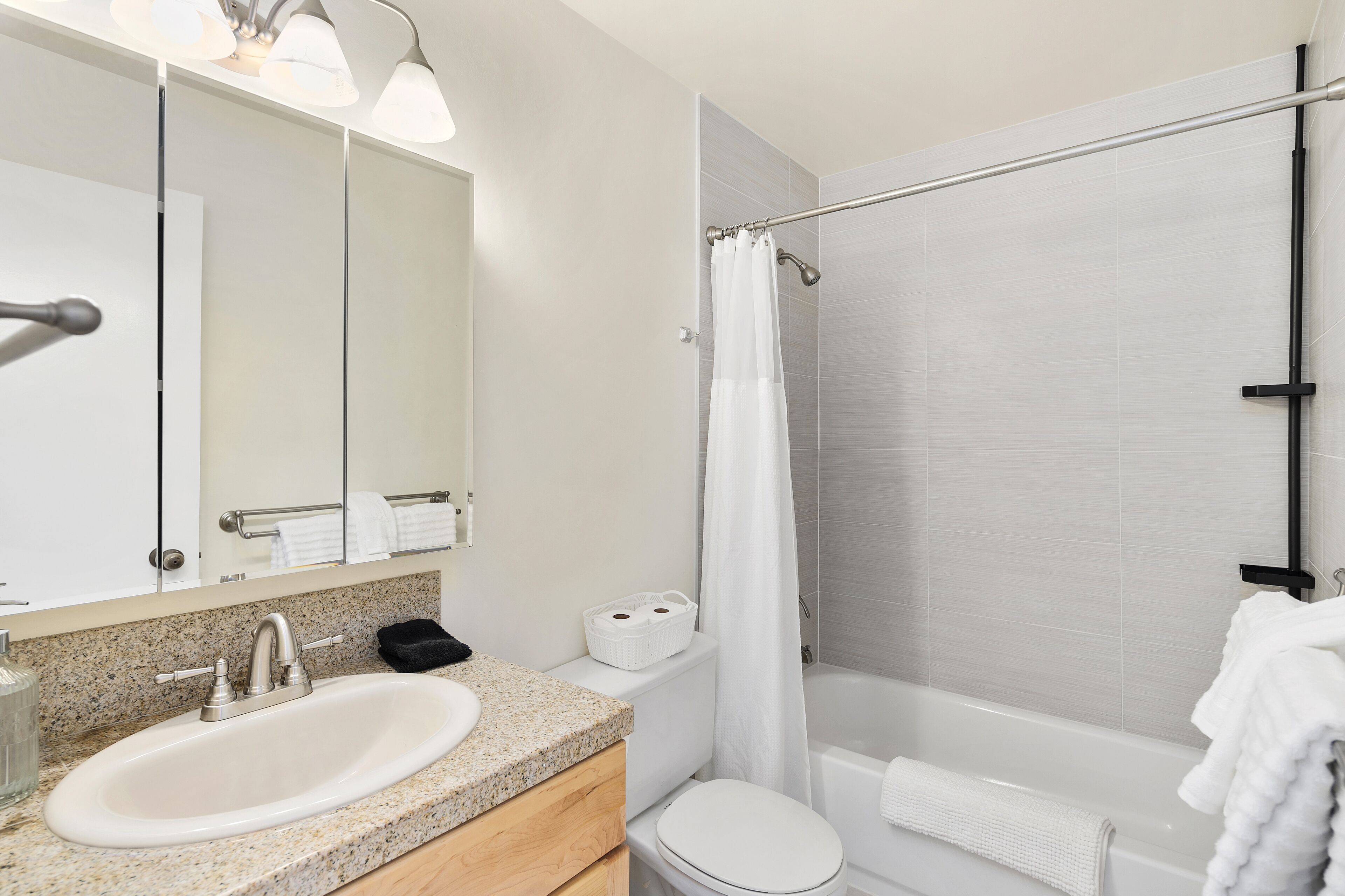 A modern bathroom with a sink, mirror, toilet, and shower.