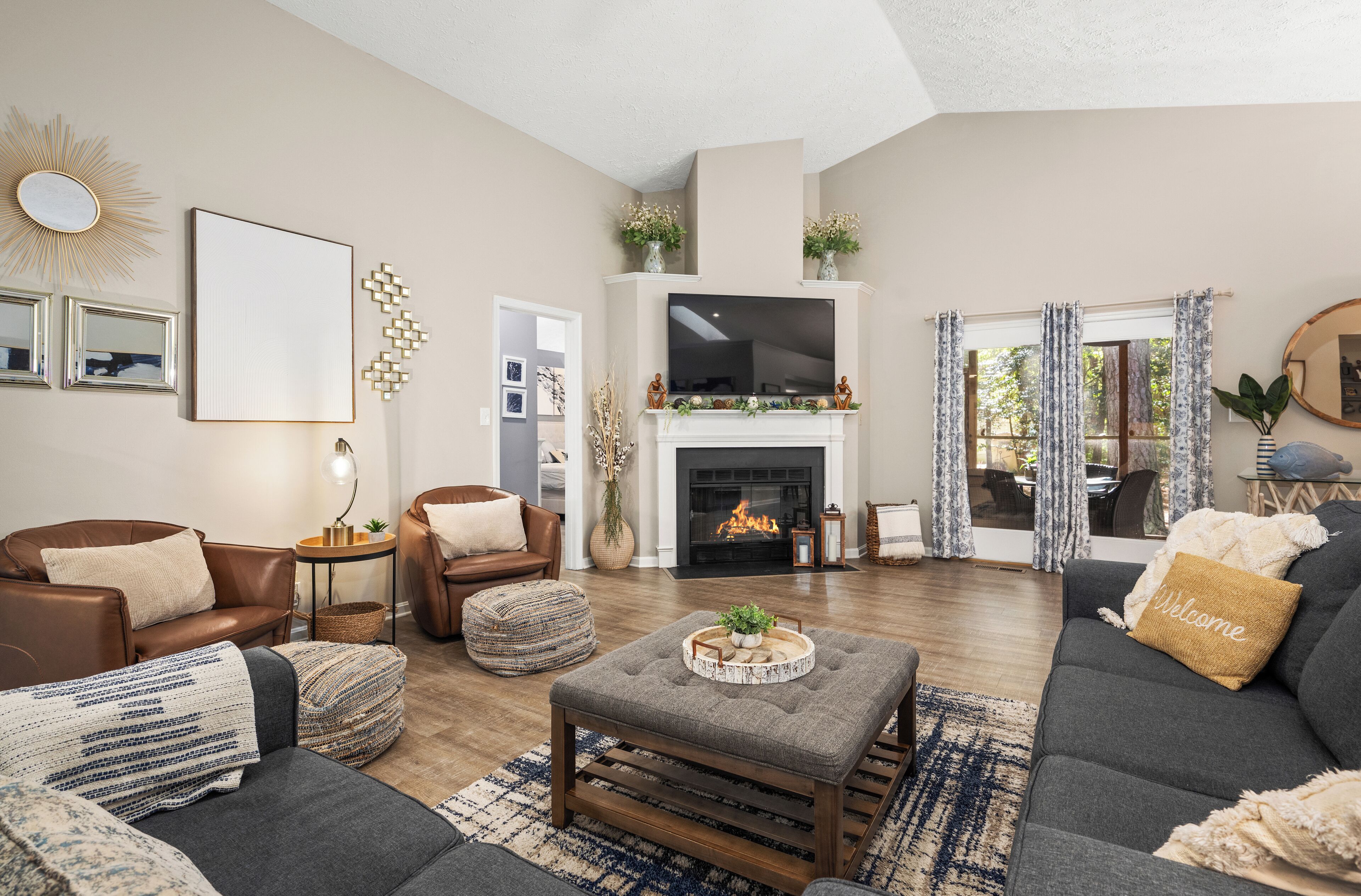 Smart TV, fireplace, books