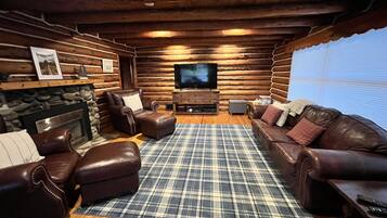 Smart TV, fireplace, DVD player, books