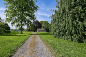 Un chemin de gravier mène à une maison entourée d’une végétation luxuriante et d’arbres.