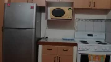 Fridge, microwave, oven, cookware/dishes/utensils