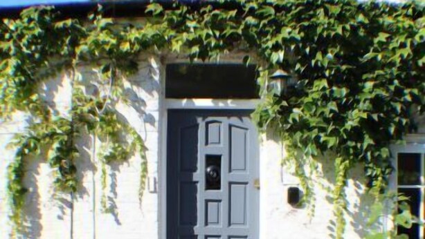 A building with a white facade, a dark blue door, and a brick pathway leading to the entrance.