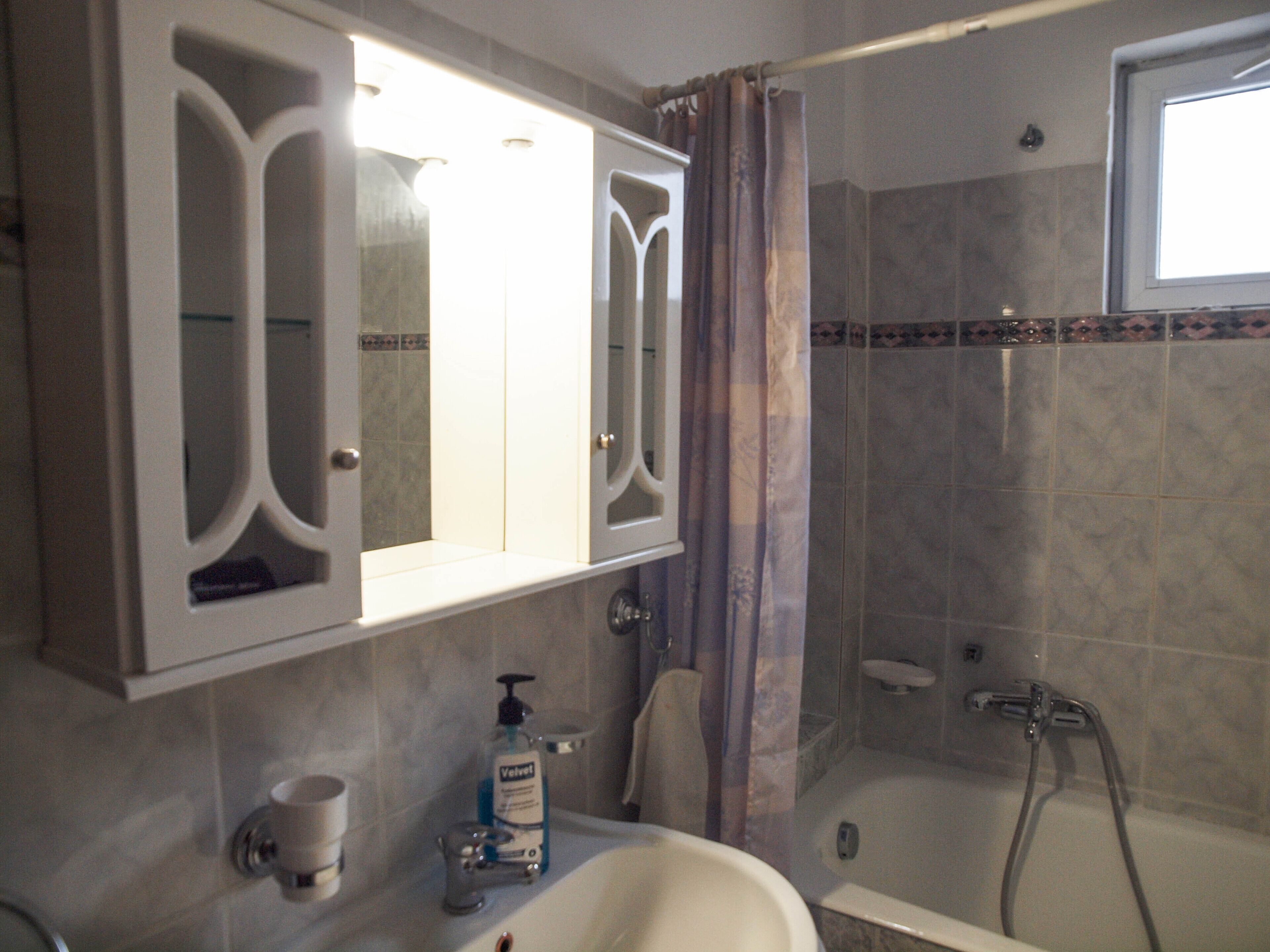 Combined shower/tub, hair dryer