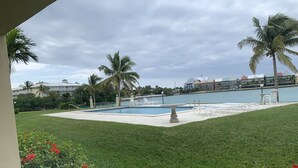 Ein Poolbereich mit freiem Blick auf das Wasser, umgeben von gepflegtem Rasen und Palmen.
