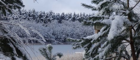 A snow-covered landscape with a lake, trees, and a wooden structure.