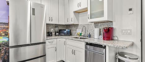Fridge, microwave, dishwasher, coffee/tea maker