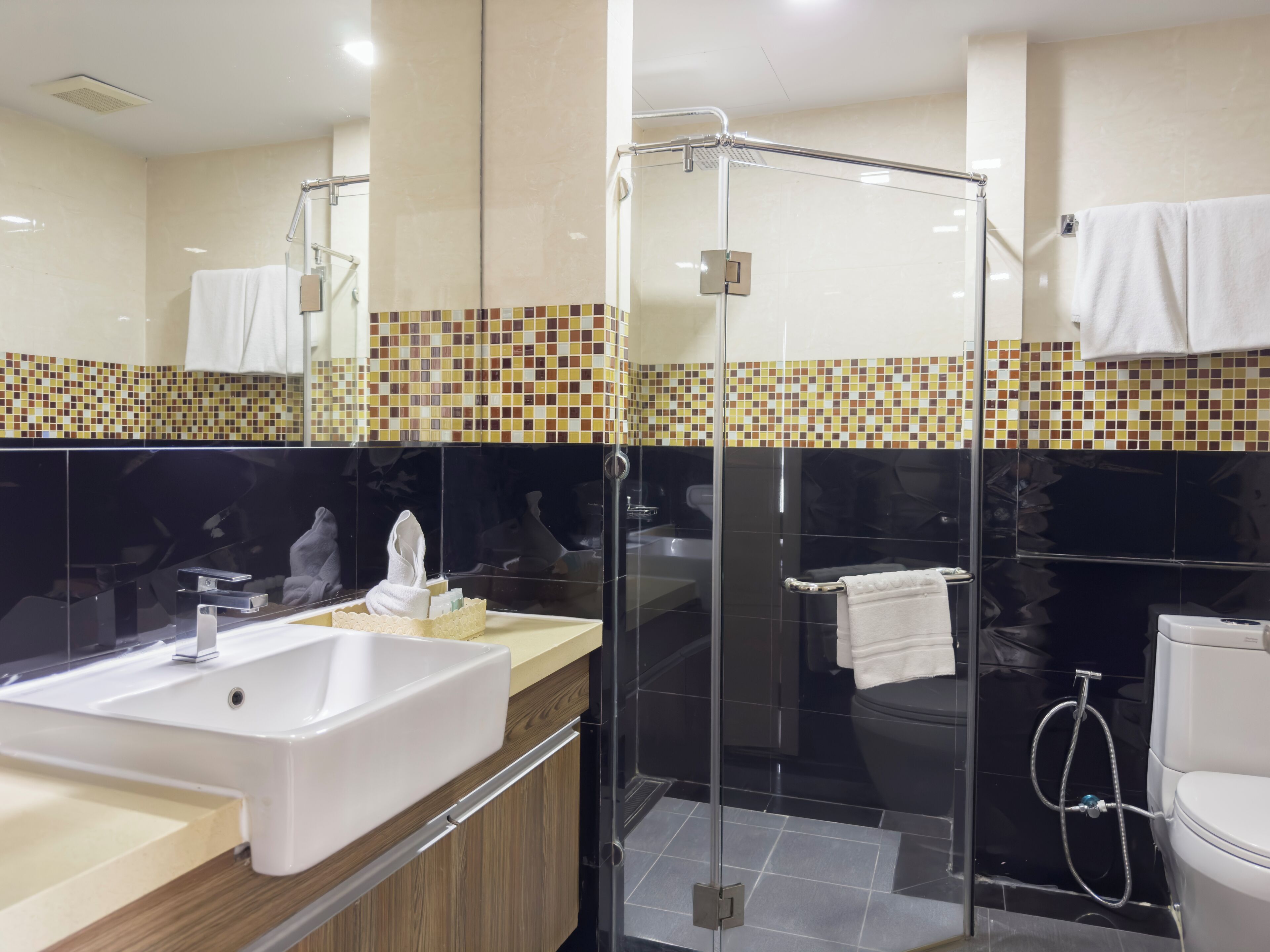 A modern bathroom with a glass-enclosed shower, a white sink, and a toilet.