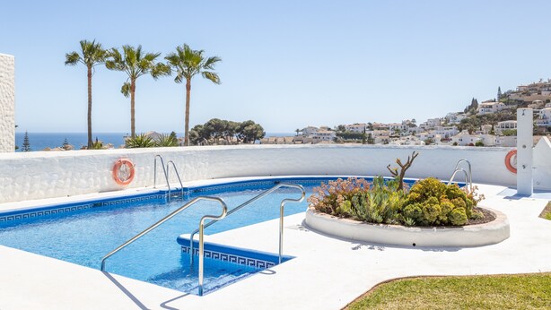 Ein Schwimmbecken mit freiem Blick auf das Meer und einer weißen Wand mit Palmen.