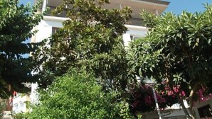 A building with a balcony, surrounded by lush greenery and some flowering plants. - Yalı Pansiyon (Kas)