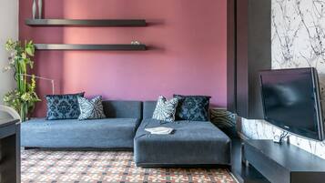 Una Smart TV, un reproductor de DVD, libros, una videoteca