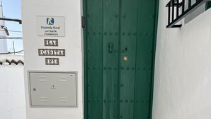 Una puerta verde con una reja de metal, una planta en maceta y una escalera que lleva a la entrada.