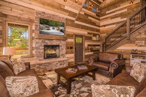 TV, fireplace, video games - Cave Mountain Lodge: INDOOR POOL! Mtn Views! Theater, Games, Hot tub, Signature! (Sevierville)
