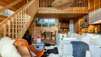 Télévision, cheminée, livres, chaßne hi-fi