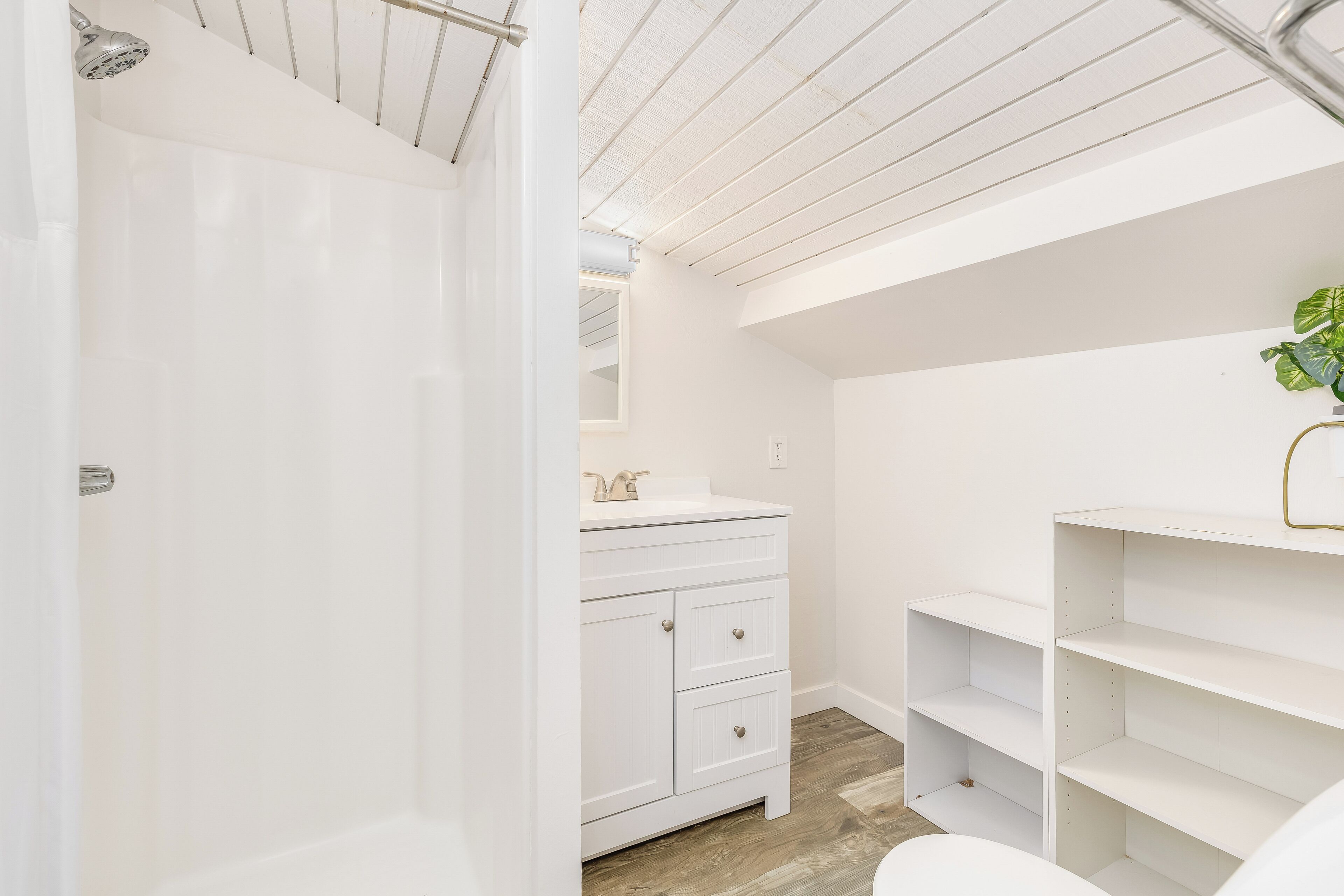 Une salle de bain blanche avec une douche, un lavabo et des toilettes. Il y a une plante accrochée au mur et des étagères dans le coin.