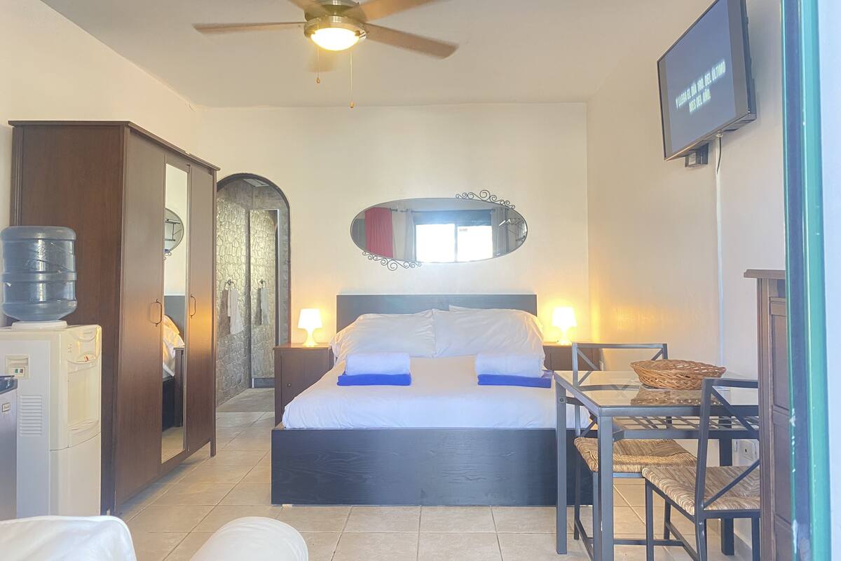 A hotel room with a bed, a ceiling fan, a TV, a water dispenser, a mirror, and a small table with chairs.
