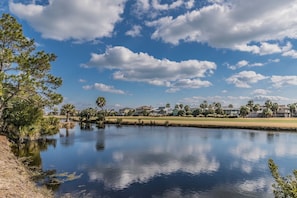 A serene lakeside view with a clear sky, calm water reflecting the surroundings, and a row of houses in the background.