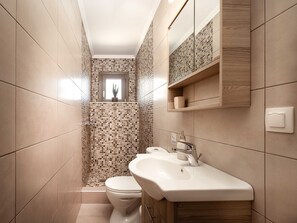 Douche, sèche-cheveux, serviettes fournies, savon