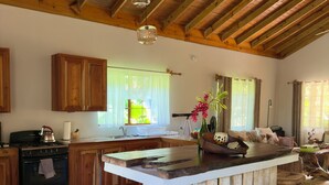 A rustic kitchen with wooden beams, a large island with stools, and a view of the outdoors through large windows.