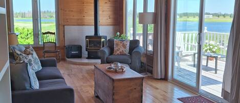 TV connectée, cheminée, livres