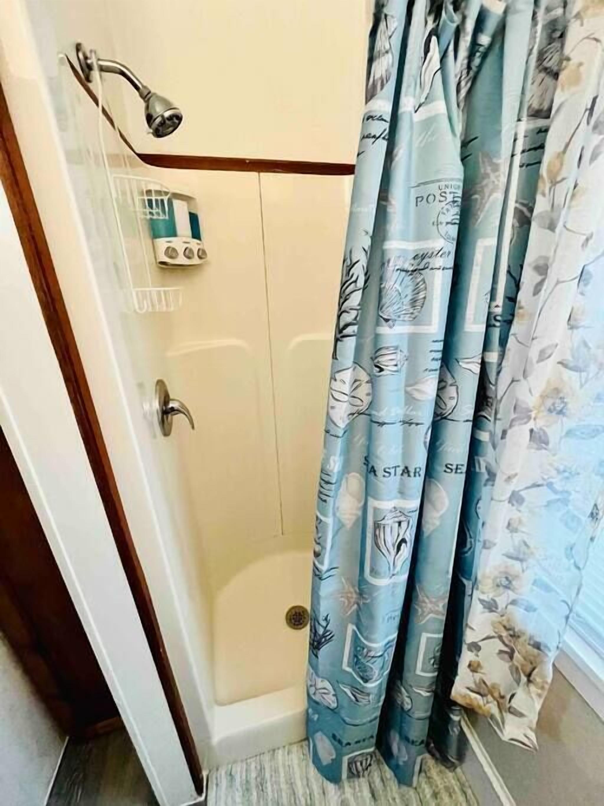Un espace douche doté d’une porte en verre, d’un pommeau de douche à main et d’un ensemble de produits de toilette fixés au mur.