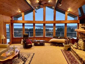 Smart TV, caminetto, lettore DVD, libri