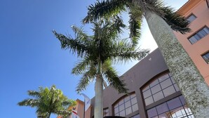 A hotel entrance with a covered walkway, palm trees, and a clear blue sky. - Jurerê Beach Village (Florianópolis)