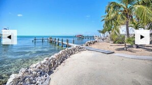 A beach with clear water, a wooden dock, and a palm tree. - 🌊 Private Oasis With Pool Spa Dock and Ocean right in your backyard 🌊 allow pets (Marathon)