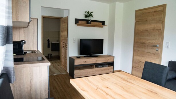 A compact living space with a kitchenette, a dining area, and a TV on a wooden stand. - Apartment at the Alpakahof (Kleinnondorf)