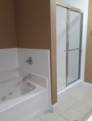 Combined shower/tub, jetted tub, hair dryer, towels