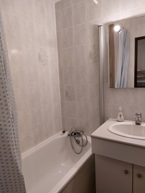 Bañera, secador de pelo y papel higiénico