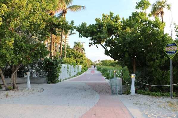 Stroll through a serene pedestrian zone, lined with trees and a white fence.
