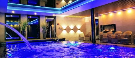 Indoor pool, open 5:00 PM to 9:30 PM, sun loungers