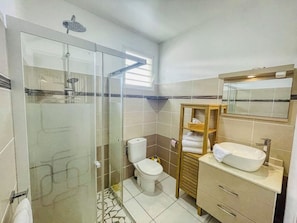 Shower, hair dryer, towels, soap