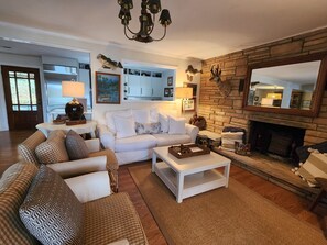 Smart TV, fireplace, DVD player, books