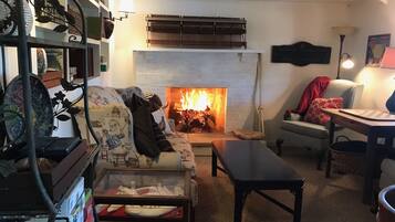 Smart TV, fireplace, DVD player, books