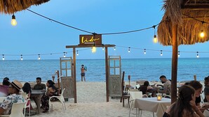 A beachside restaurant with outdoor seating, a thatched roof, and a view of the sea.