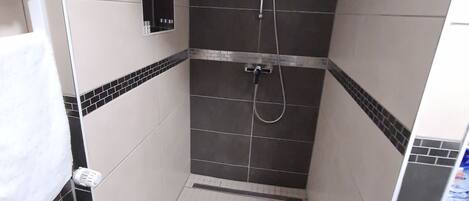 Un petit espace de douche carrelé, équipé d’un pommeau de douche à main et d’un robinet fixé au mur.