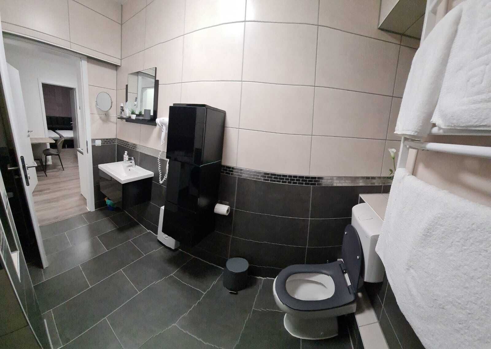 Een moderne badkamer met toilet, wastafel en spiegel.