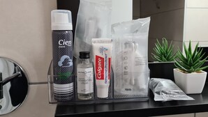 Un meuble-lavabo de salle de bain avec des articles de toilette, notamment un flacon de produit pour hommes de la marque Cien, un tube de dentifrice Colgate, un flacon d’alcool et une plante.