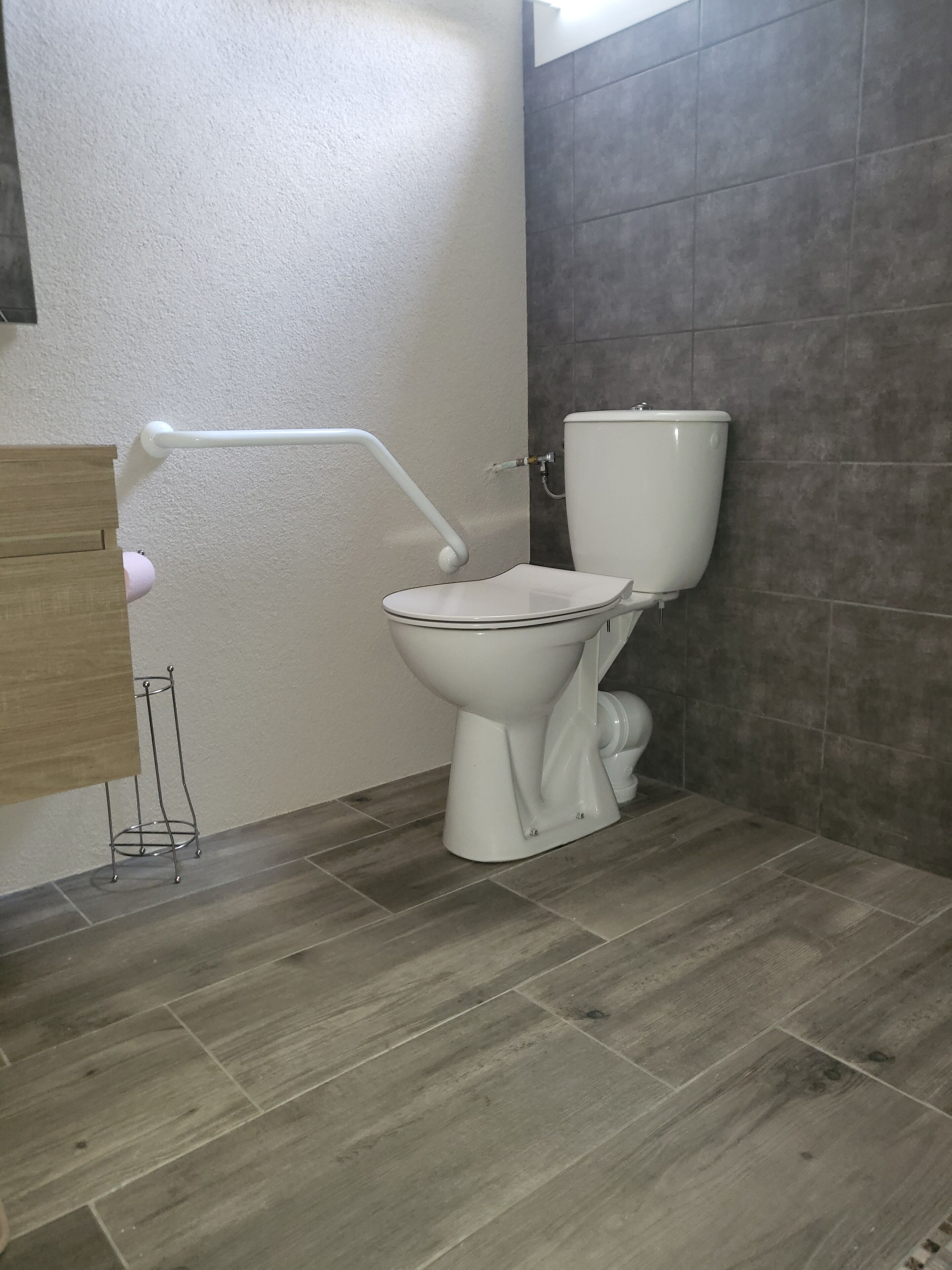 A bathroom with a white toilet, a wooden vanity, and a metal rack.