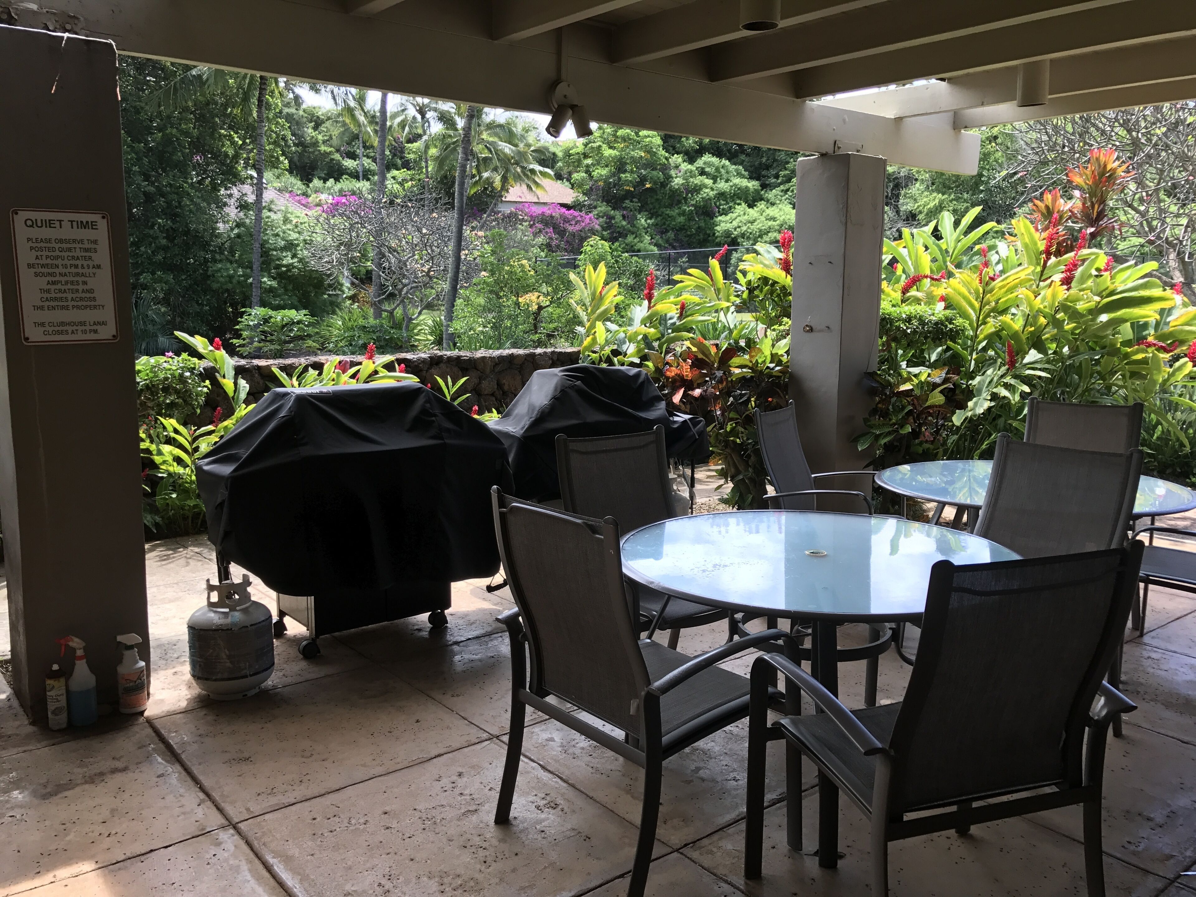 An outdoor patio area with covered tables and chairs, surrounded by lush greenery and a stone wall.